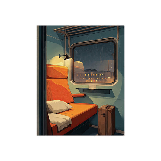 Vintage Train Window Art Poster — Cozy Nighttime Compartment Print