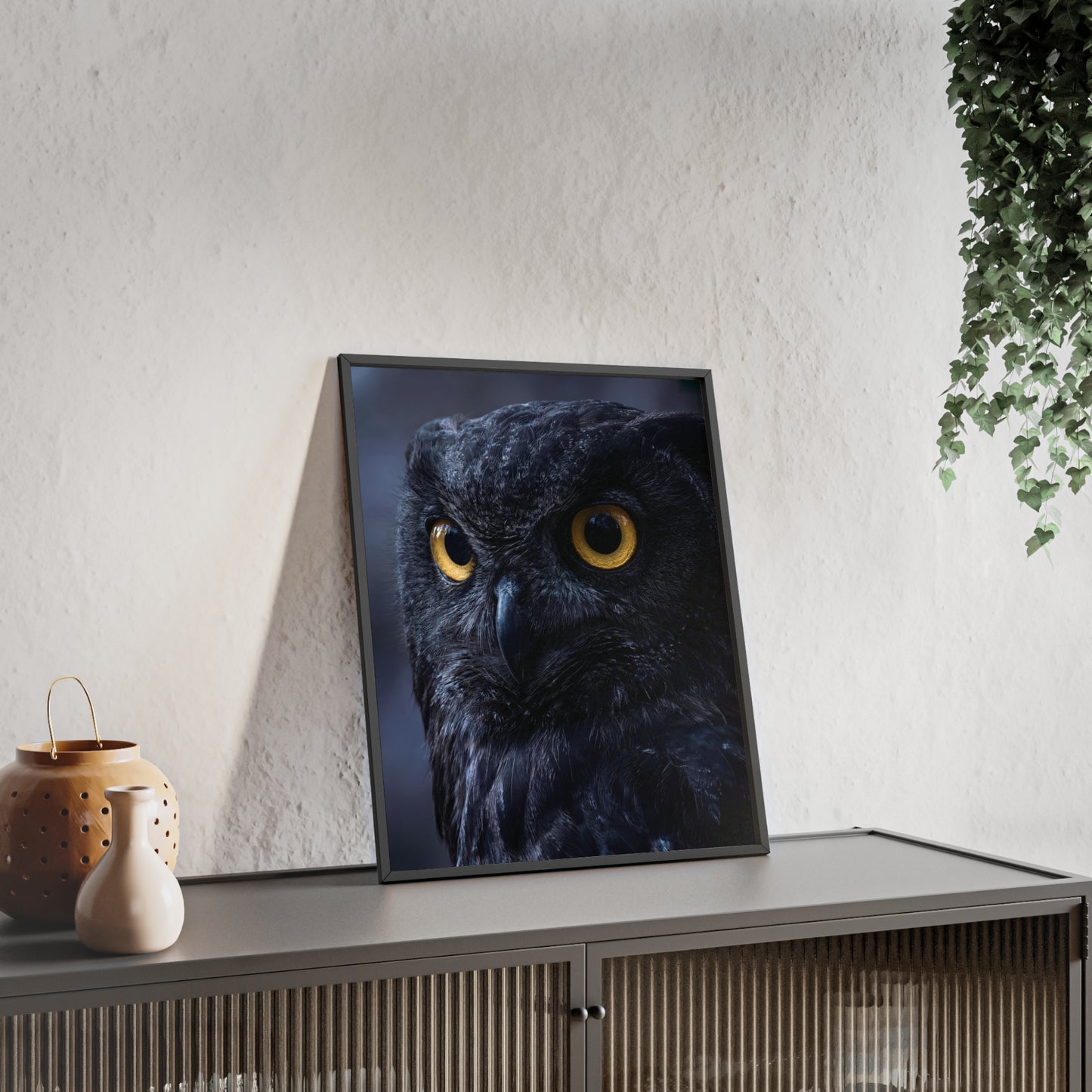 Black Owl Portrait Poster with Wooden Frame | Dramatic Wildlife Wall Art