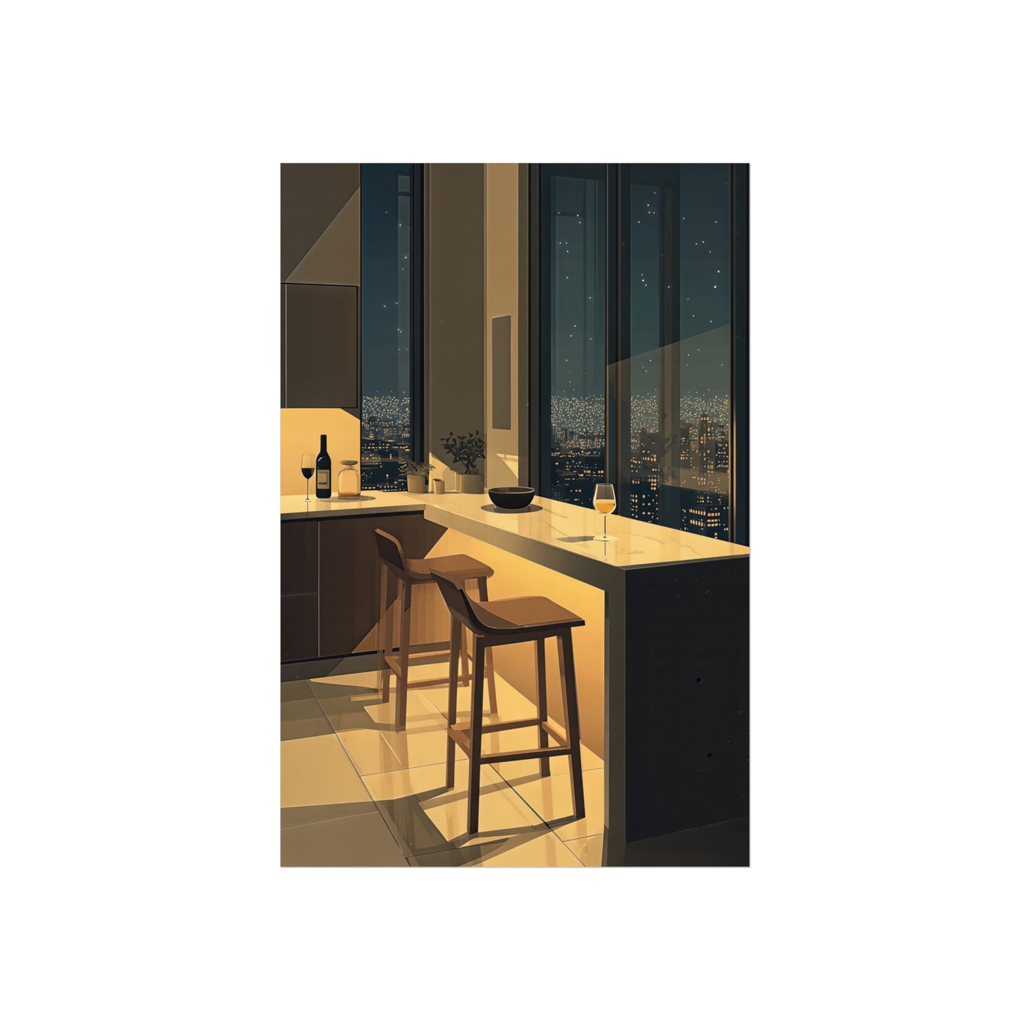 Night City Kitchen Poster, Modern Apartment Bar Wall Art, Cinematic Warm Light Print, Minimalist Skyline Decor, Fine Art