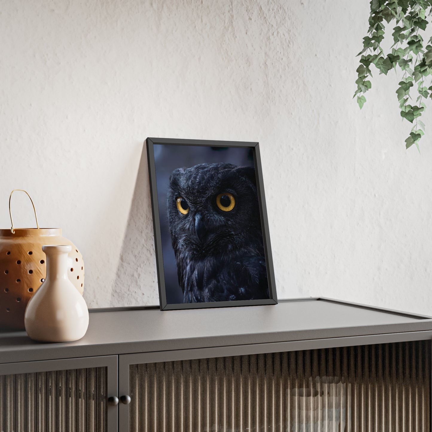 Black Owl Portrait Poster with Wooden Frame | Dramatic Wildlife Wall Art