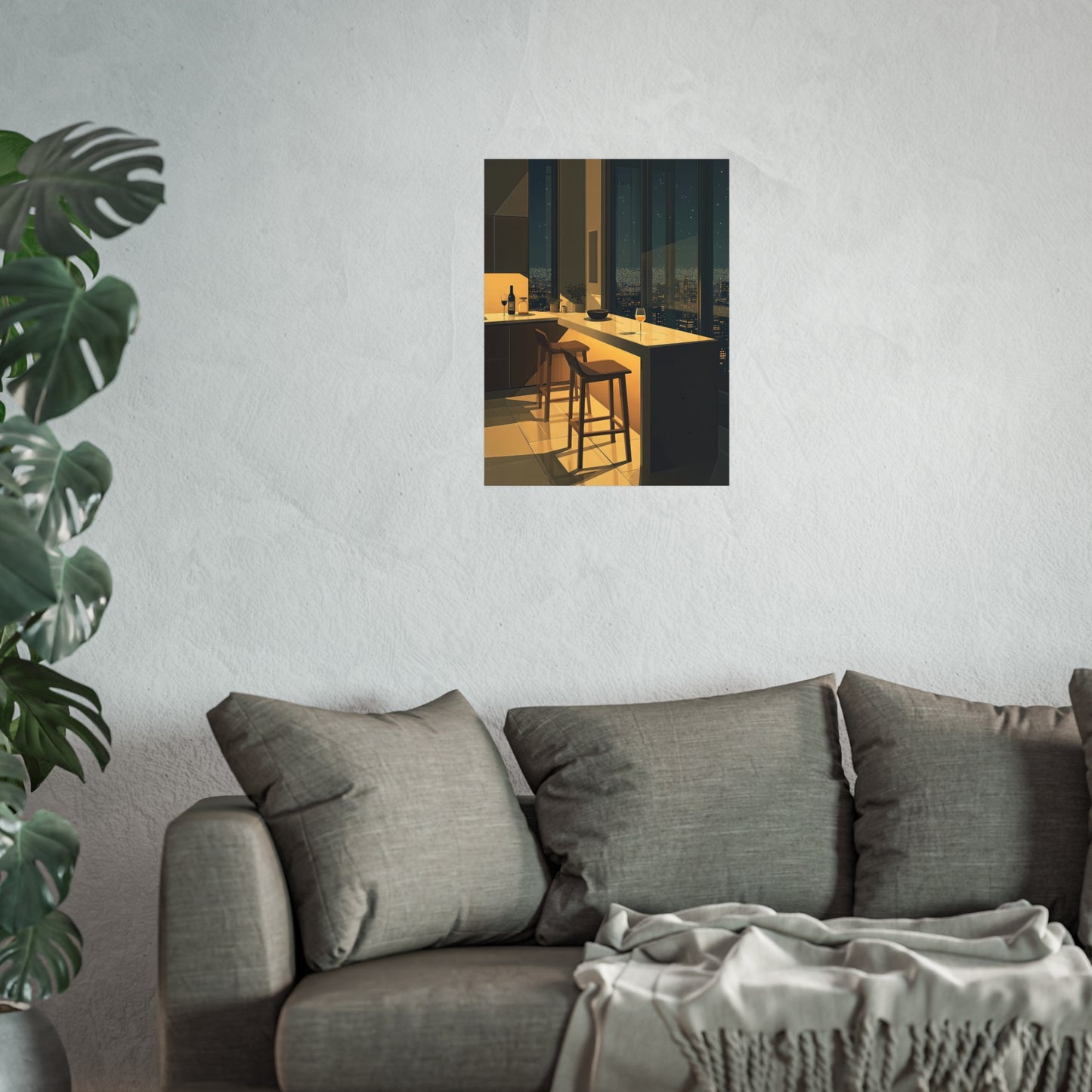 Night City Kitchen Poster, Modern Apartment Bar Wall Art, Cinematic Warm Light Print, Minimalist Skyline Decor, Fine Art