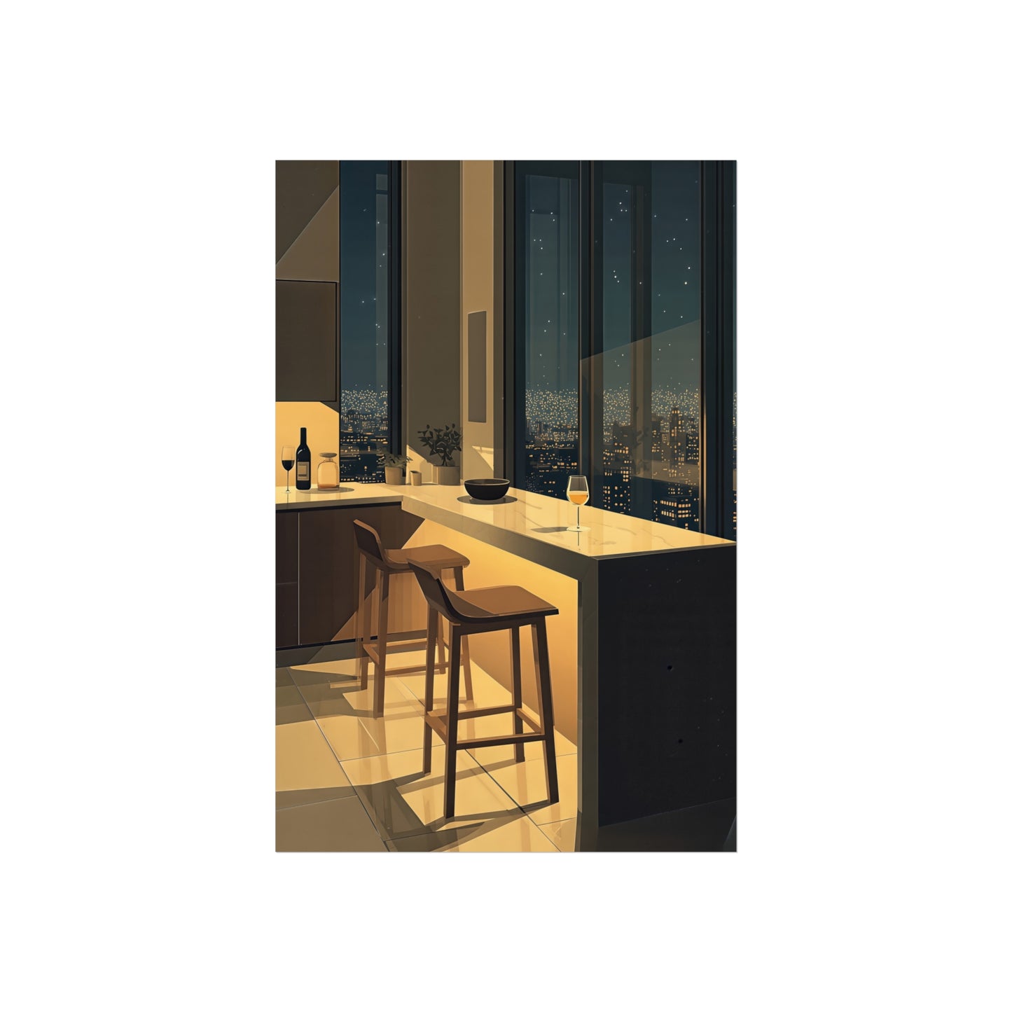 Night City Kitchen Poster, Modern Apartment Bar Wall Art, Cinematic Warm Light Print, Minimalist Skyline Decor, Fine Art