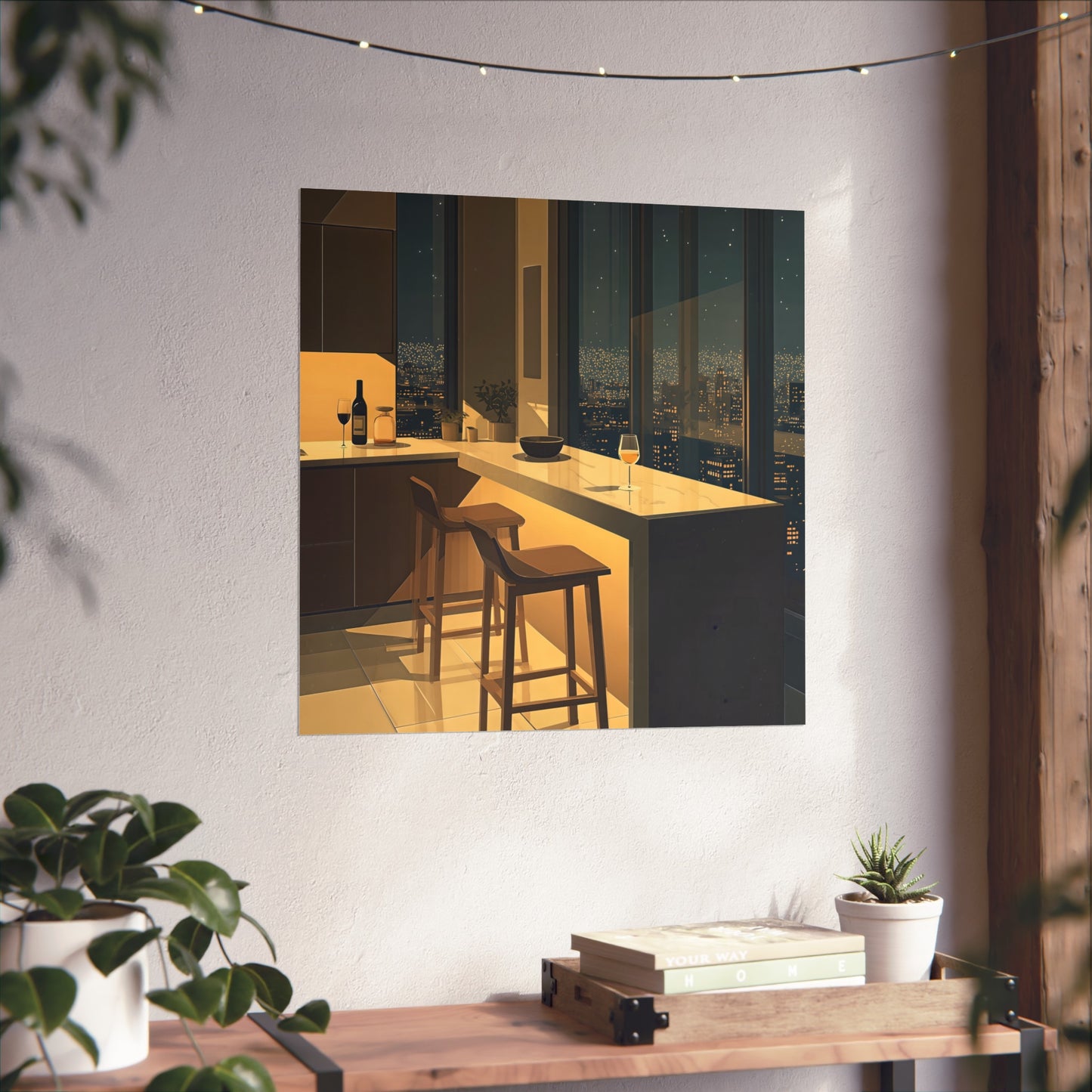 Night City Kitchen Poster, Modern Apartment Bar Wall Art, Cinematic Warm Light Print, Minimalist Skyline Decor, Fine Art