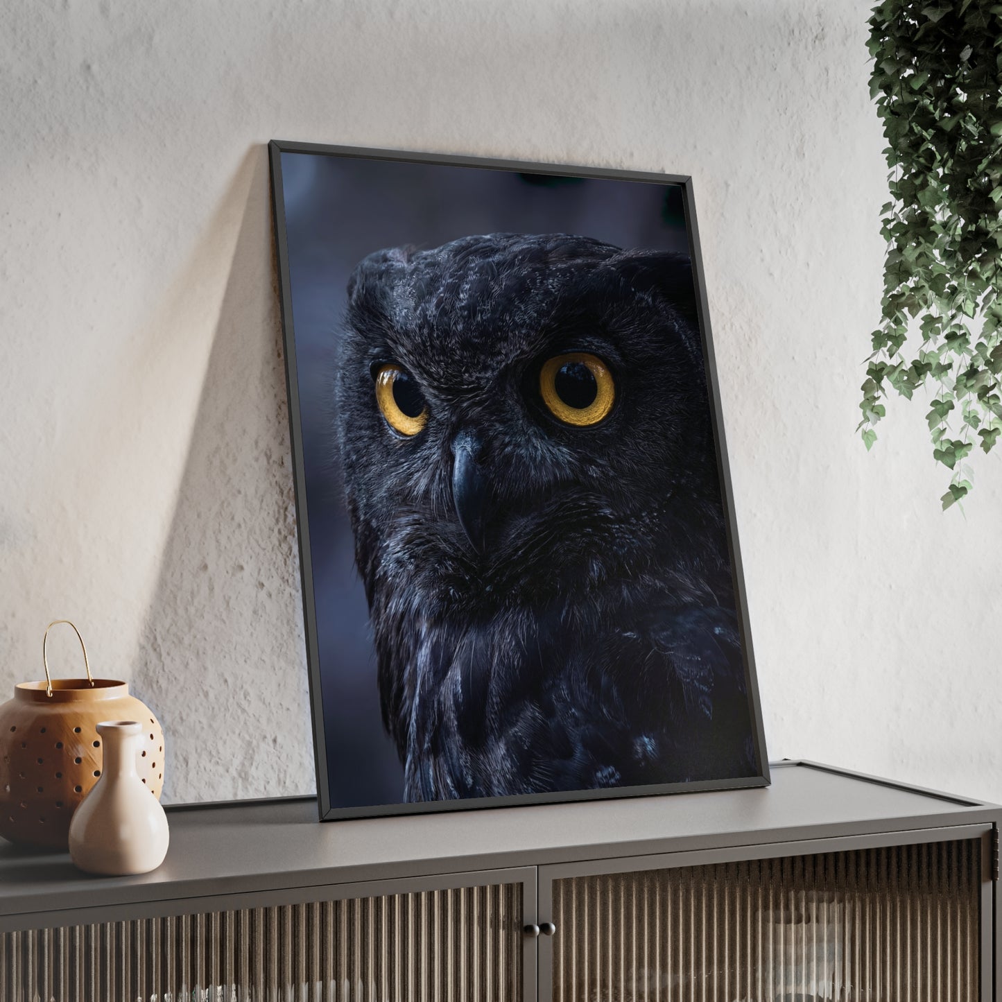 Black Owl Portrait Poster with Wooden Frame | Dramatic Wildlife Wall Art