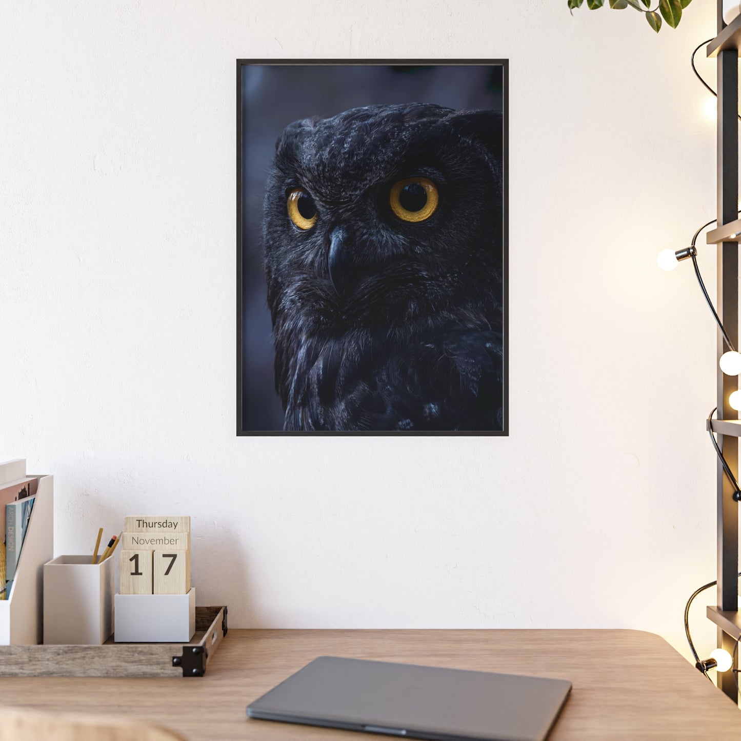 Black Owl Portrait Poster with Wooden Frame | Dramatic Wildlife Wall Art