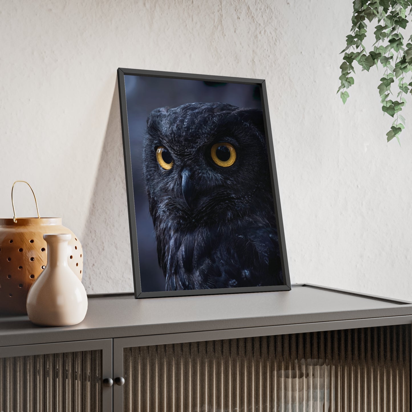 Black Owl Portrait Poster with Wooden Frame | Dramatic Wildlife Wall Art