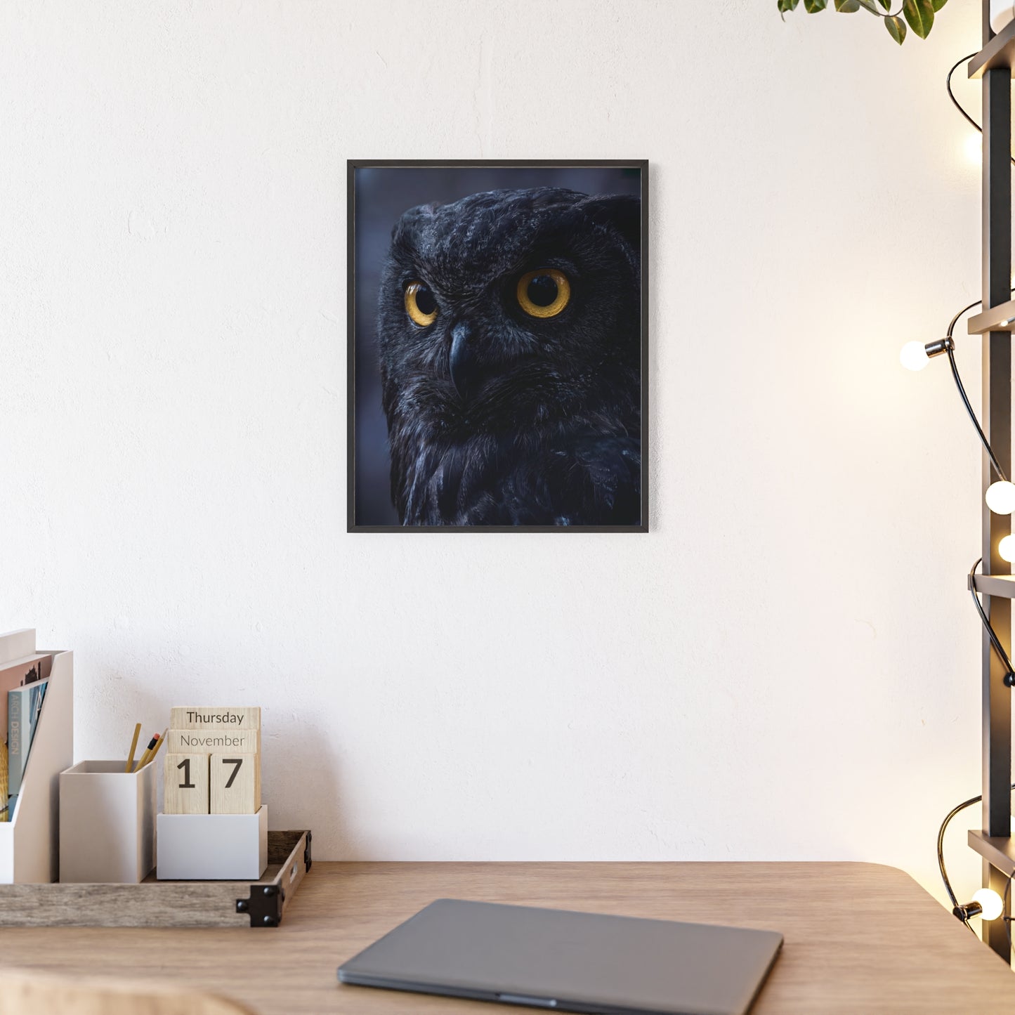 Black Owl Portrait Poster with Wooden Frame | Dramatic Wildlife Wall Art