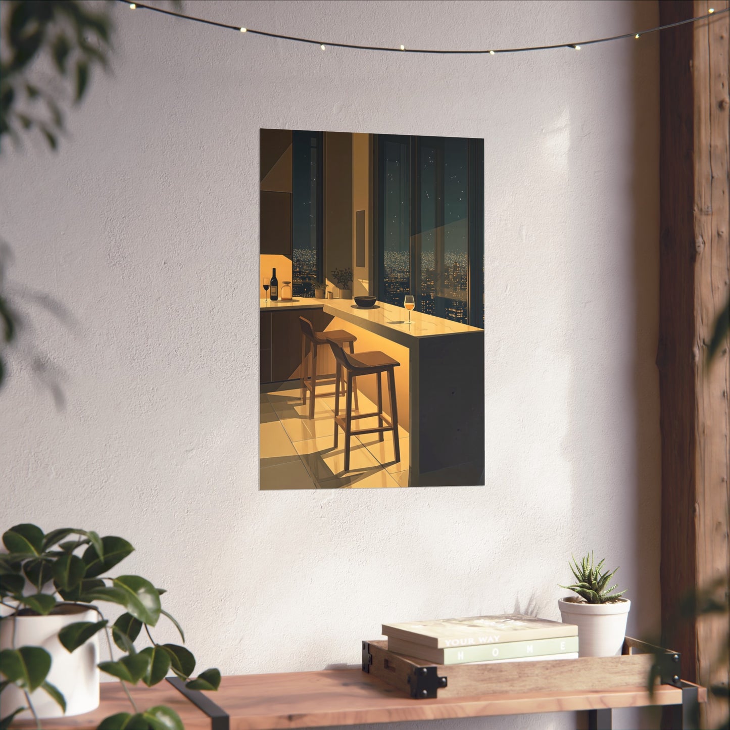 Night City Kitchen Poster, Modern Apartment Bar Wall Art, Cinematic Warm Light Print, Minimalist Skyline Decor, Fine Art
