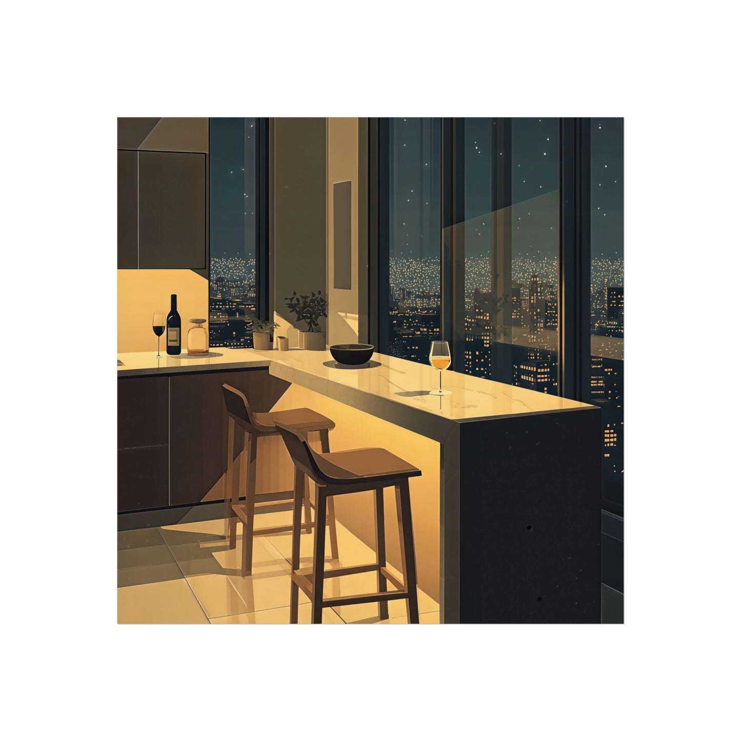 Night City Kitchen Poster, Modern Apartment Bar Wall Art, Cinematic Warm Light Print, Minimalist Skyline Decor, Fine Art