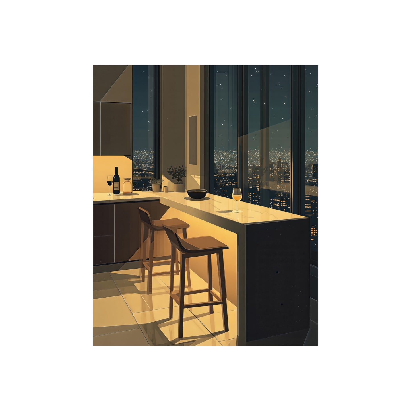 Night City Kitchen Poster, Modern Apartment Bar Wall Art, Cinematic Warm Light Print, Minimalist Skyline Decor, Fine Art