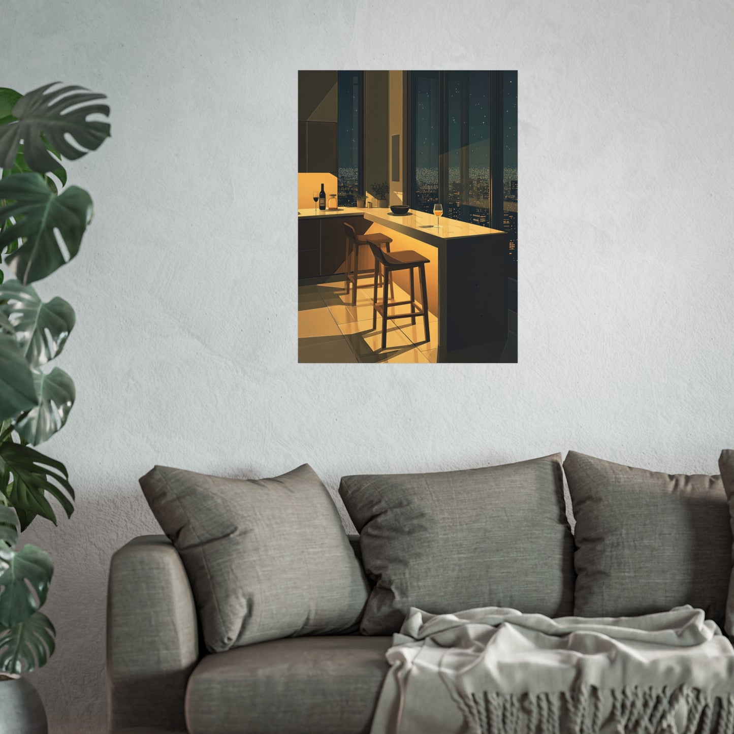 Night City Kitchen Poster, Modern Apartment Bar Wall Art, Cinematic Warm Light Print, Minimalist Skyline Decor, Fine Art
