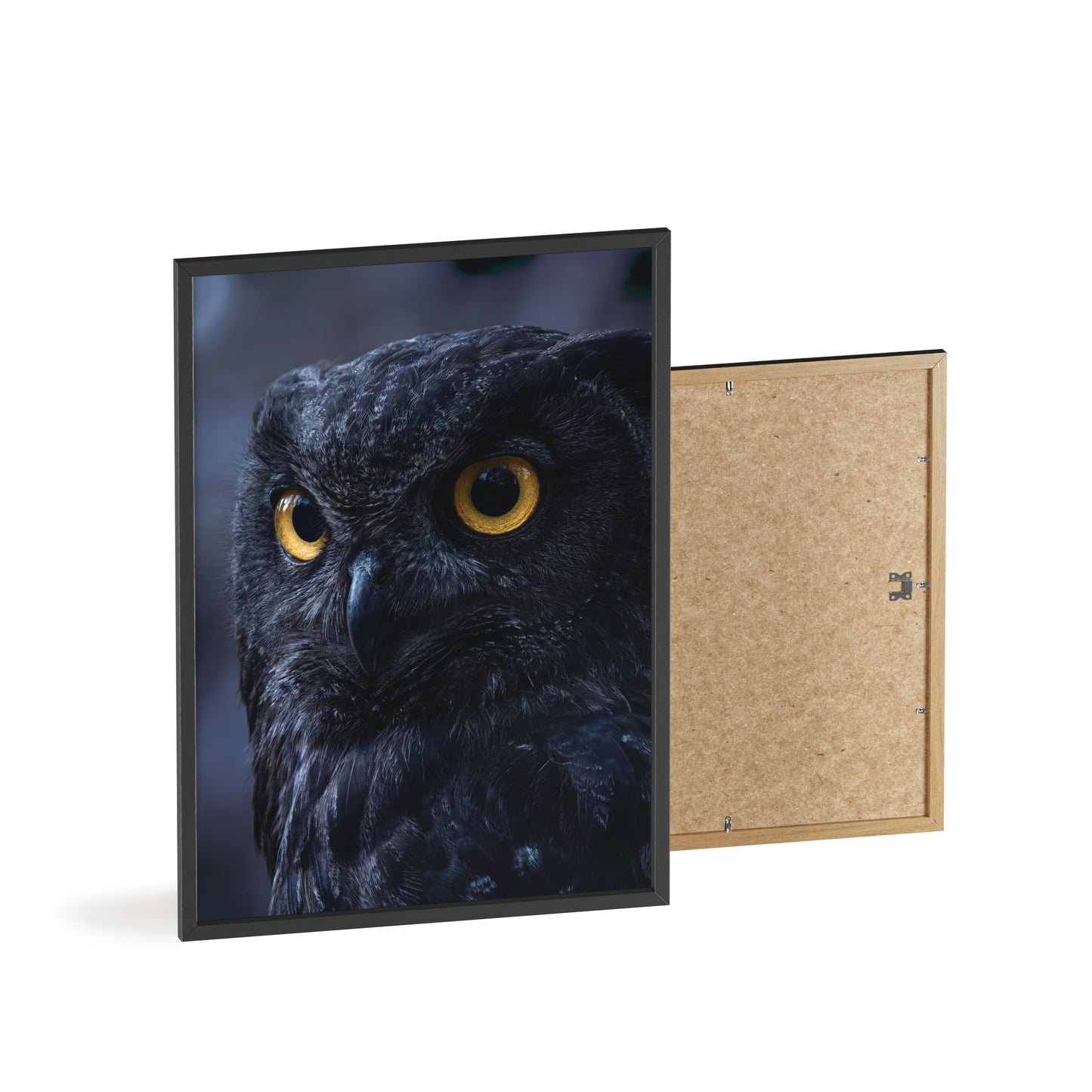Black Owl Portrait Poster with Wooden Frame | Dramatic Wildlife Wall Art