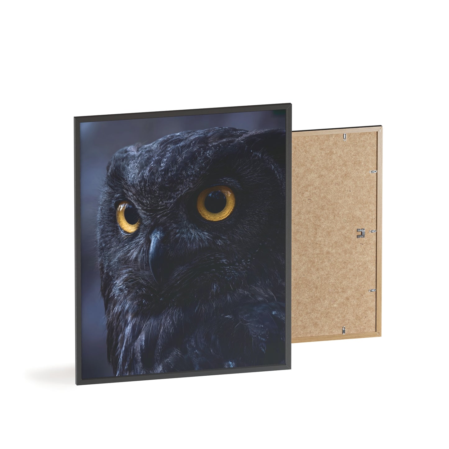Black Owl Portrait Poster with Wooden Frame | Dramatic Wildlife Wall Art