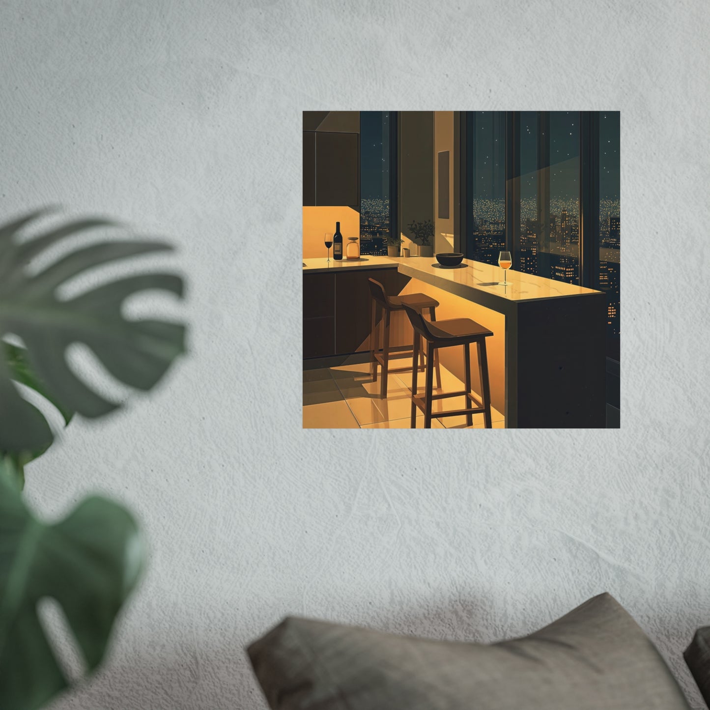 Night City Kitchen Poster, Modern Apartment Bar Wall Art, Cinematic Warm Light Print, Minimalist Skyline Decor, Fine Art