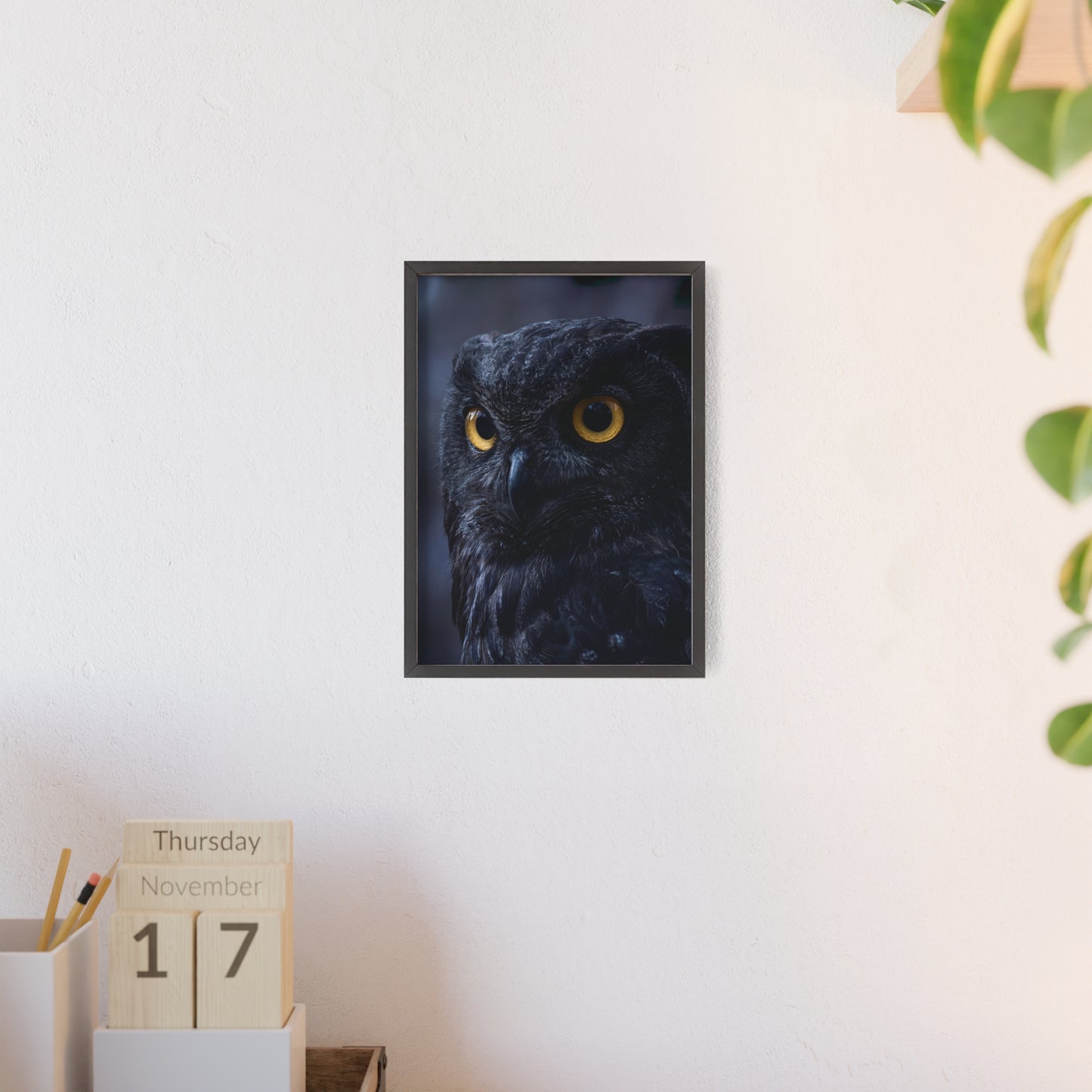 Black Owl Portrait Poster with Wooden Frame | Dramatic Wildlife Wall Art