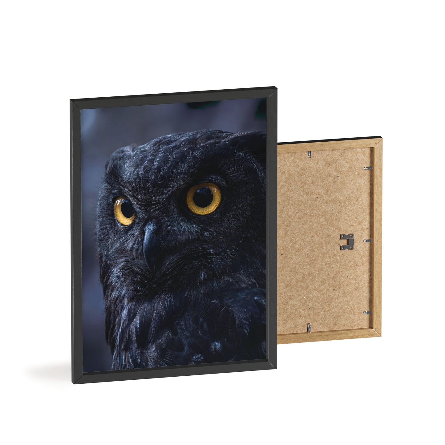 Black Owl Portrait Poster with Wooden Frame | Dramatic Wildlife Wall Art