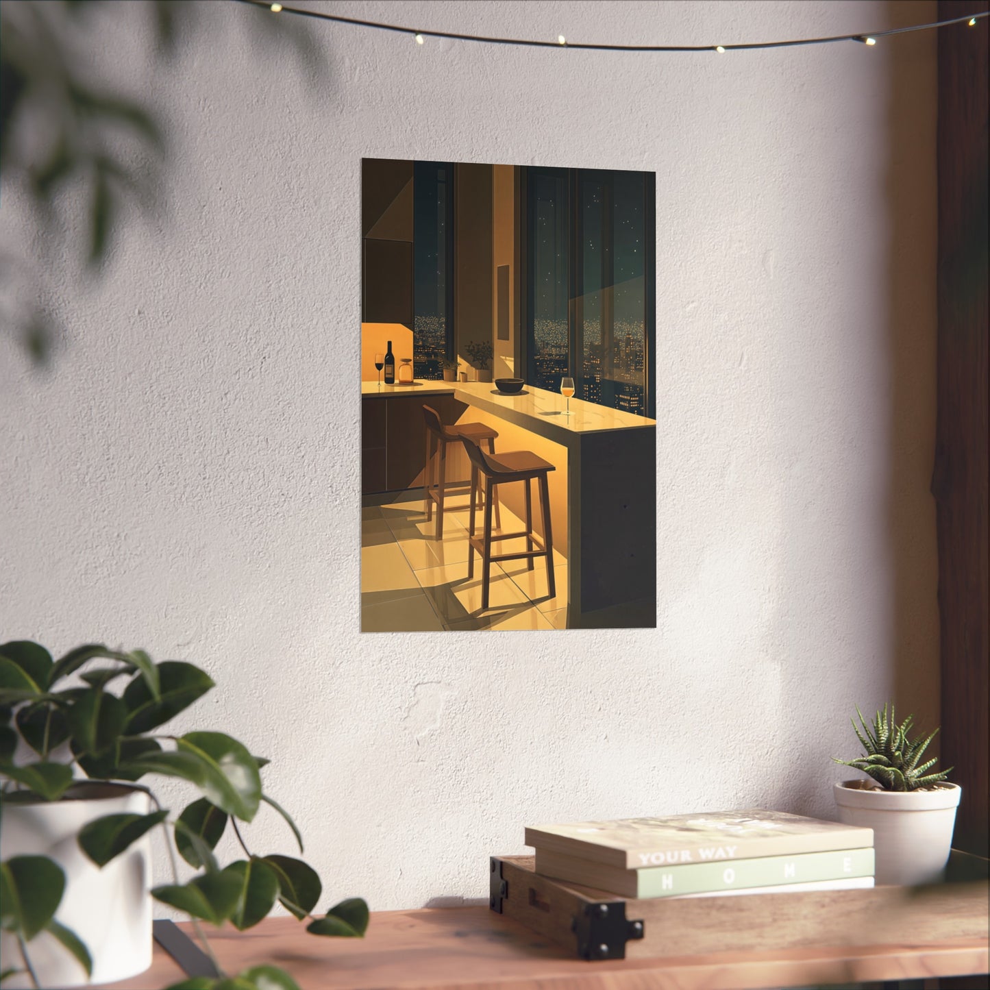 Night City Kitchen Poster, Modern Apartment Bar Wall Art, Cinematic Warm Light Print, Minimalist Skyline Decor, Fine Art