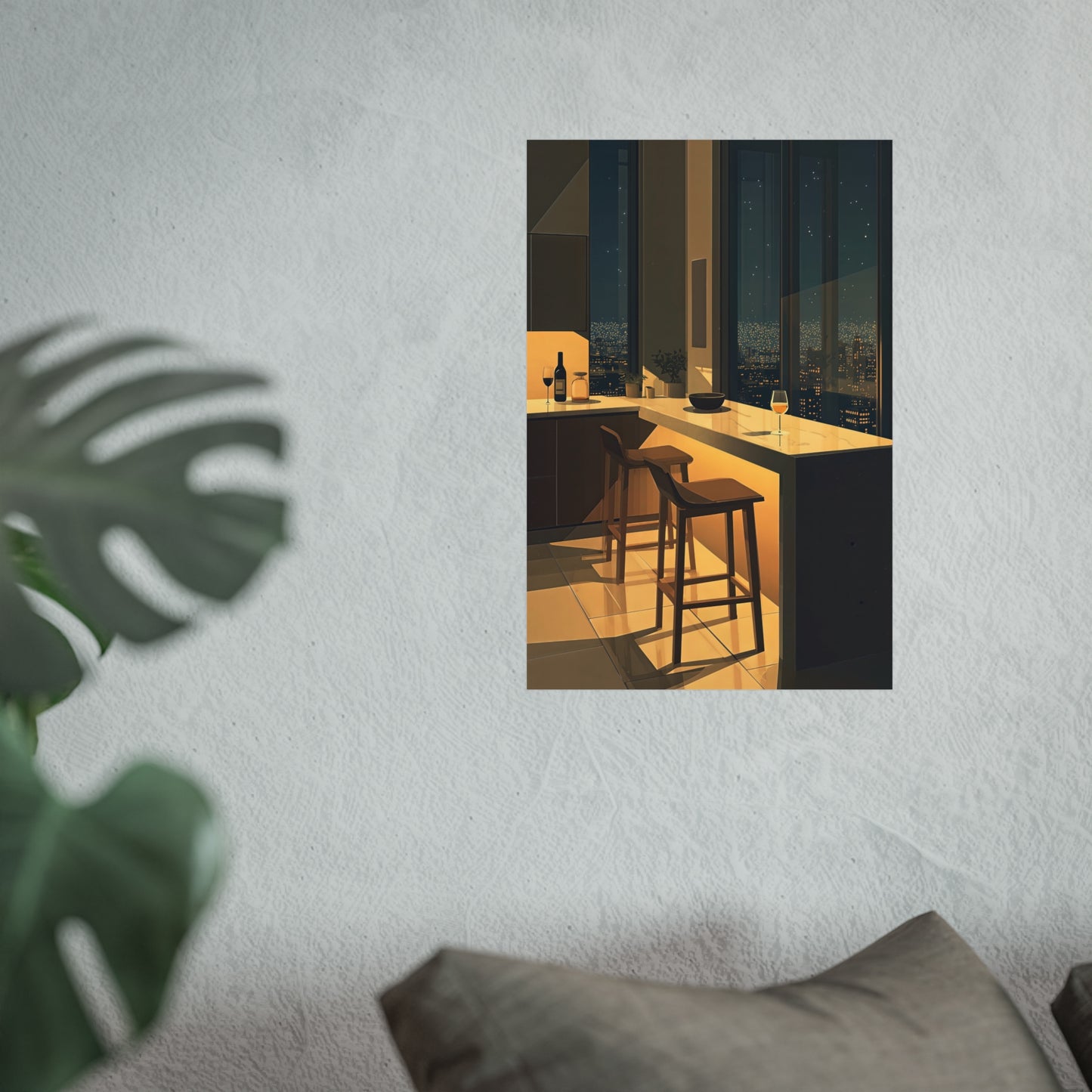 Night City Kitchen Poster, Modern Apartment Bar Wall Art, Cinematic Warm Light Print, Minimalist Skyline Decor, Fine Art