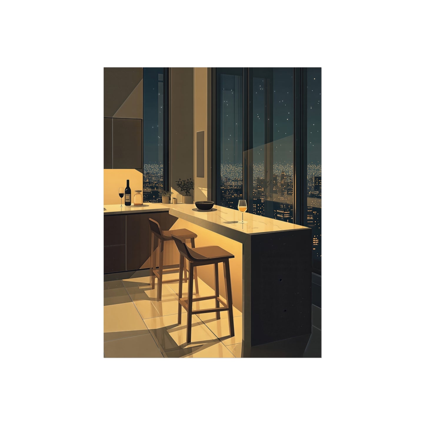 Night City Kitchen Poster, Modern Apartment Bar Wall Art, Cinematic Warm Light Print, Minimalist Skyline Decor, Fine Art