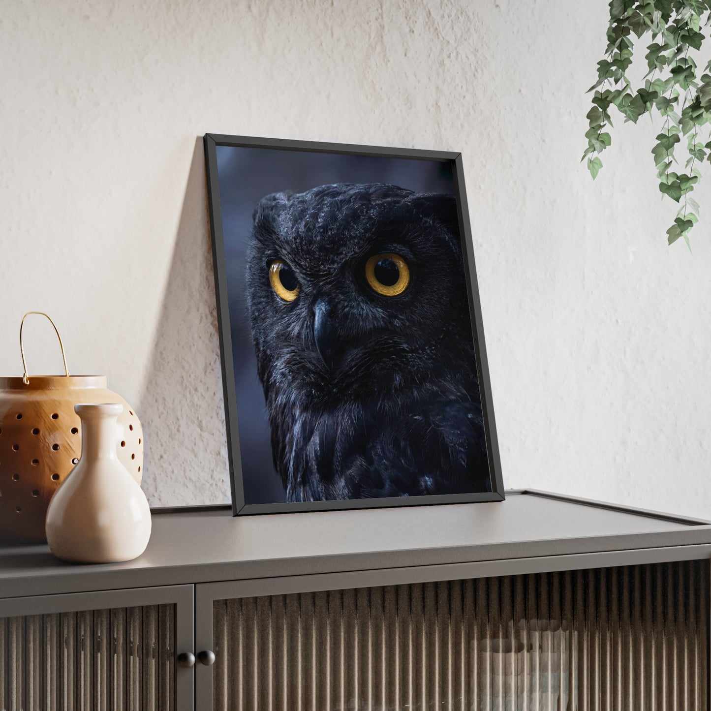 Black Owl Portrait Poster with Wooden Frame | Dramatic Wildlife Wall Art