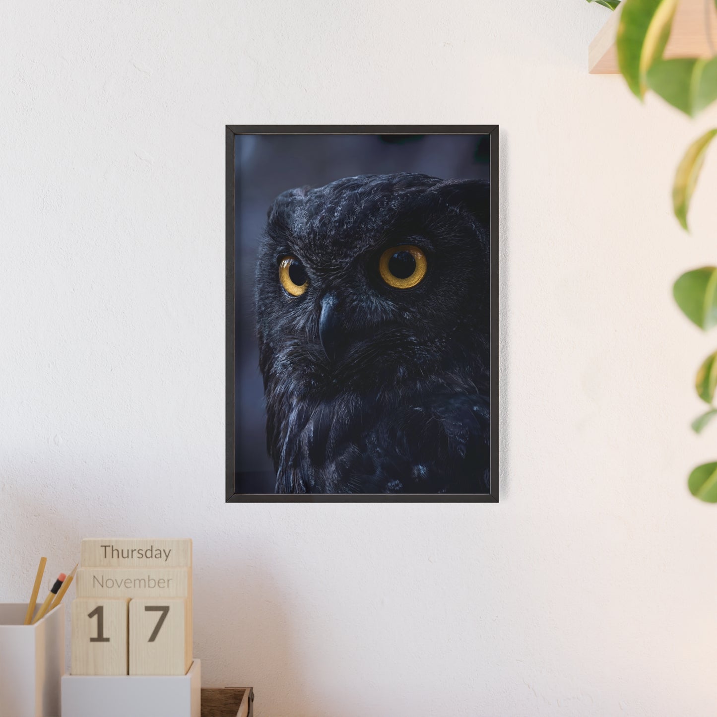 Black Owl Portrait Poster with Wooden Frame | Dramatic Wildlife Wall Art