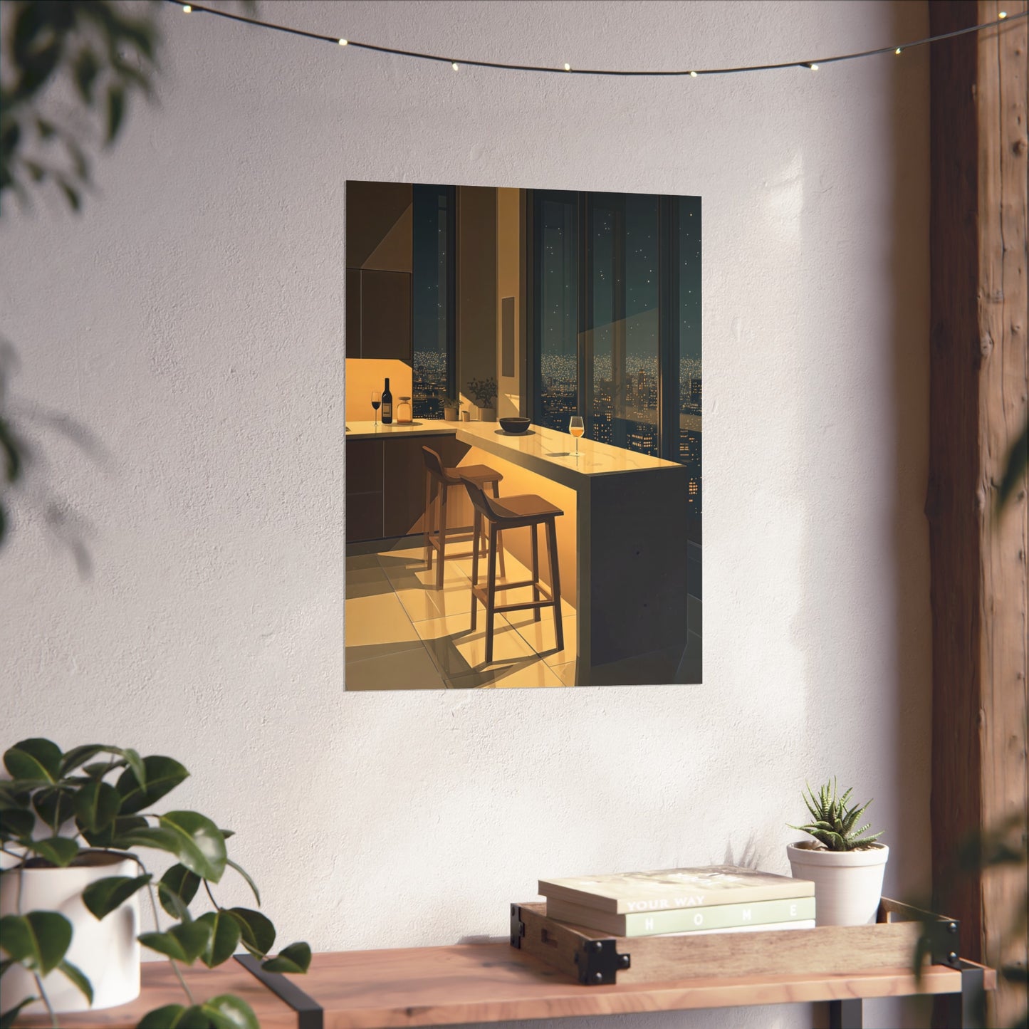 Night City Kitchen Poster, Modern Apartment Bar Wall Art, Cinematic Warm Light Print, Minimalist Skyline Decor, Fine Art