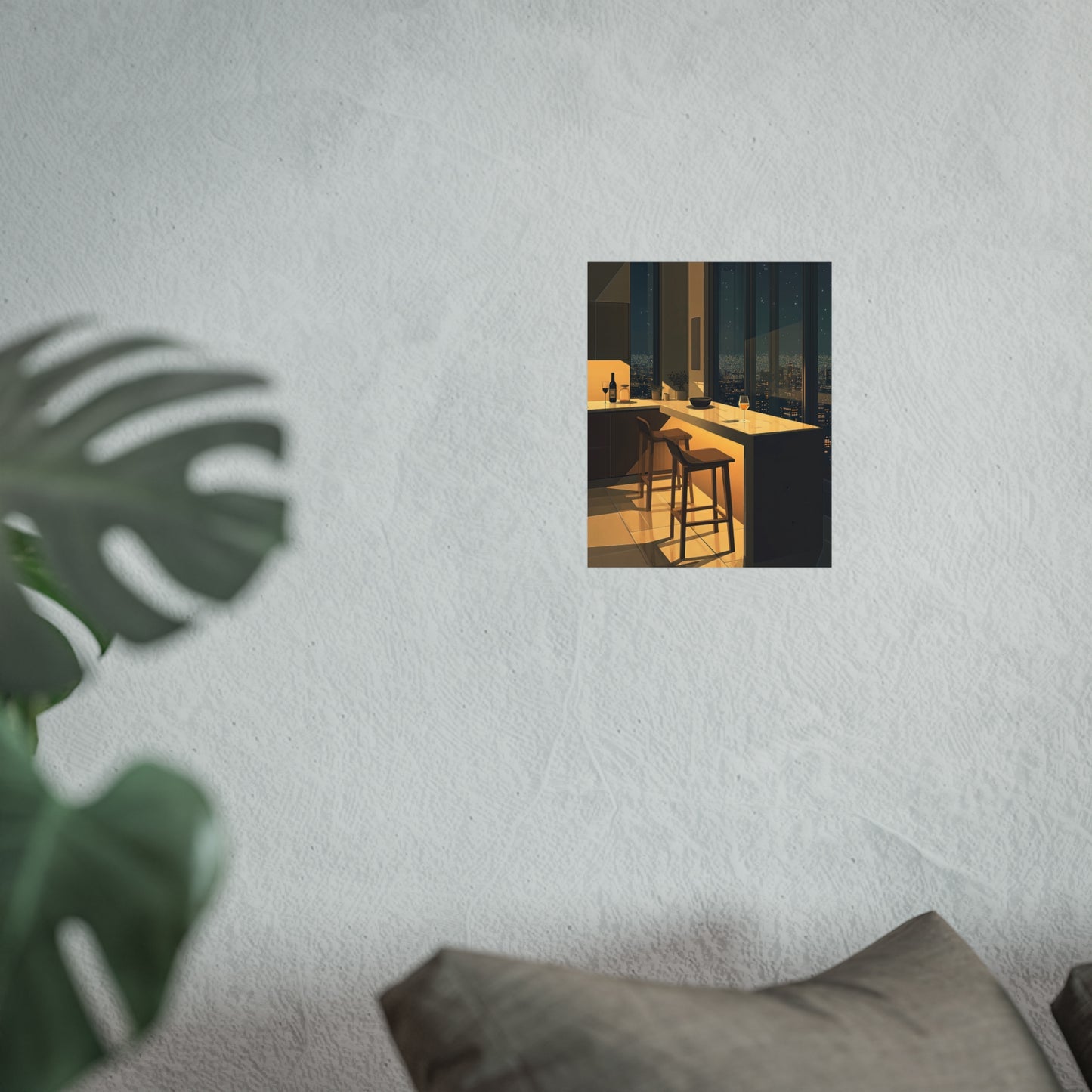 Night City Kitchen Poster, Modern Apartment Bar Wall Art, Cinematic Warm Light Print, Minimalist Skyline Decor, Fine Art