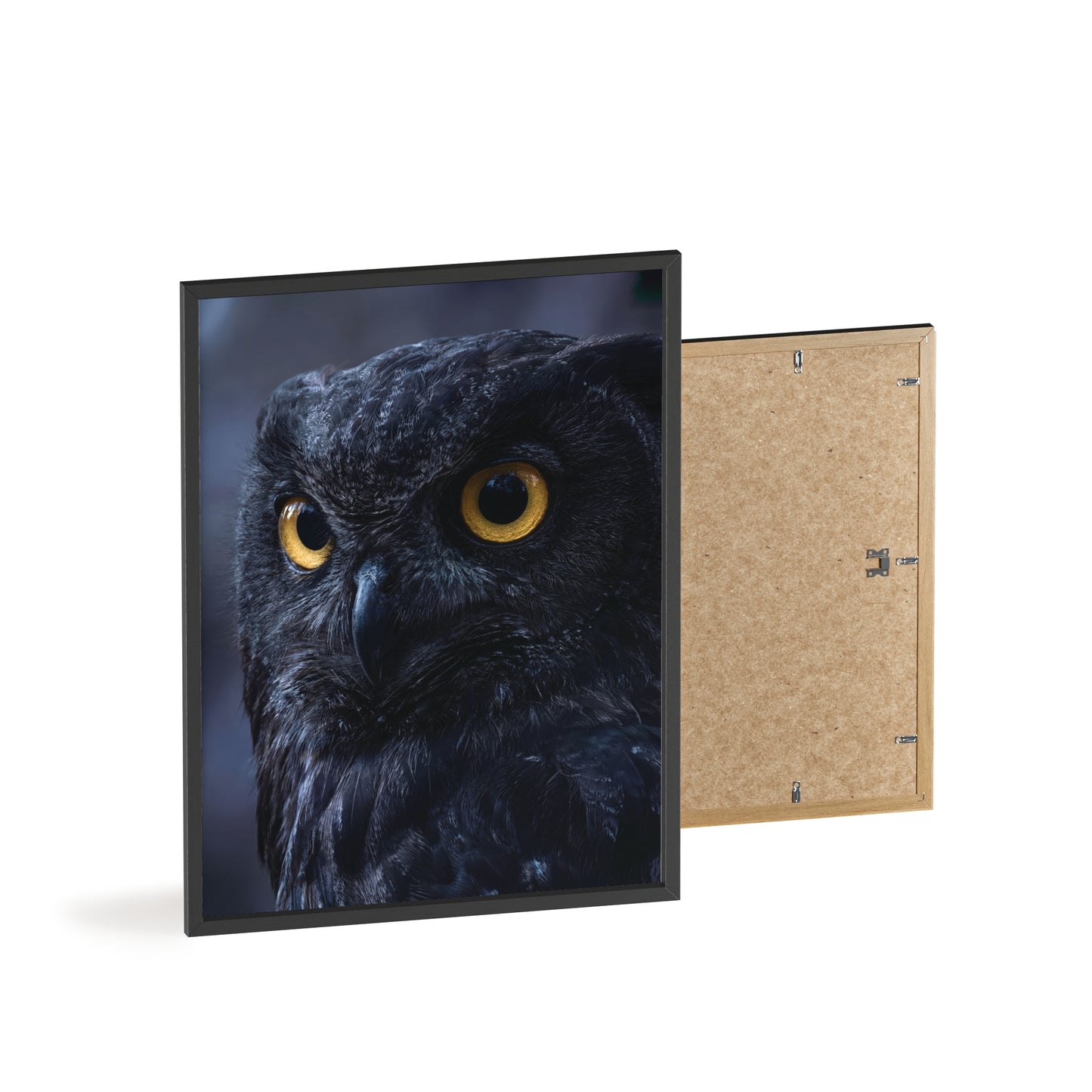 Black Owl Portrait Poster with Wooden Frame | Dramatic Wildlife Wall Art