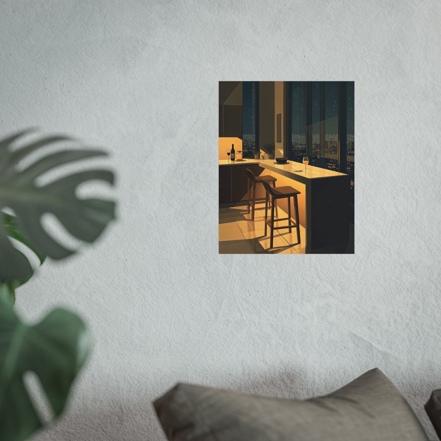 Night City Kitchen Poster, Modern Apartment Bar Wall Art, Cinematic Warm Light Print, Minimalist Skyline Decor, Fine Art