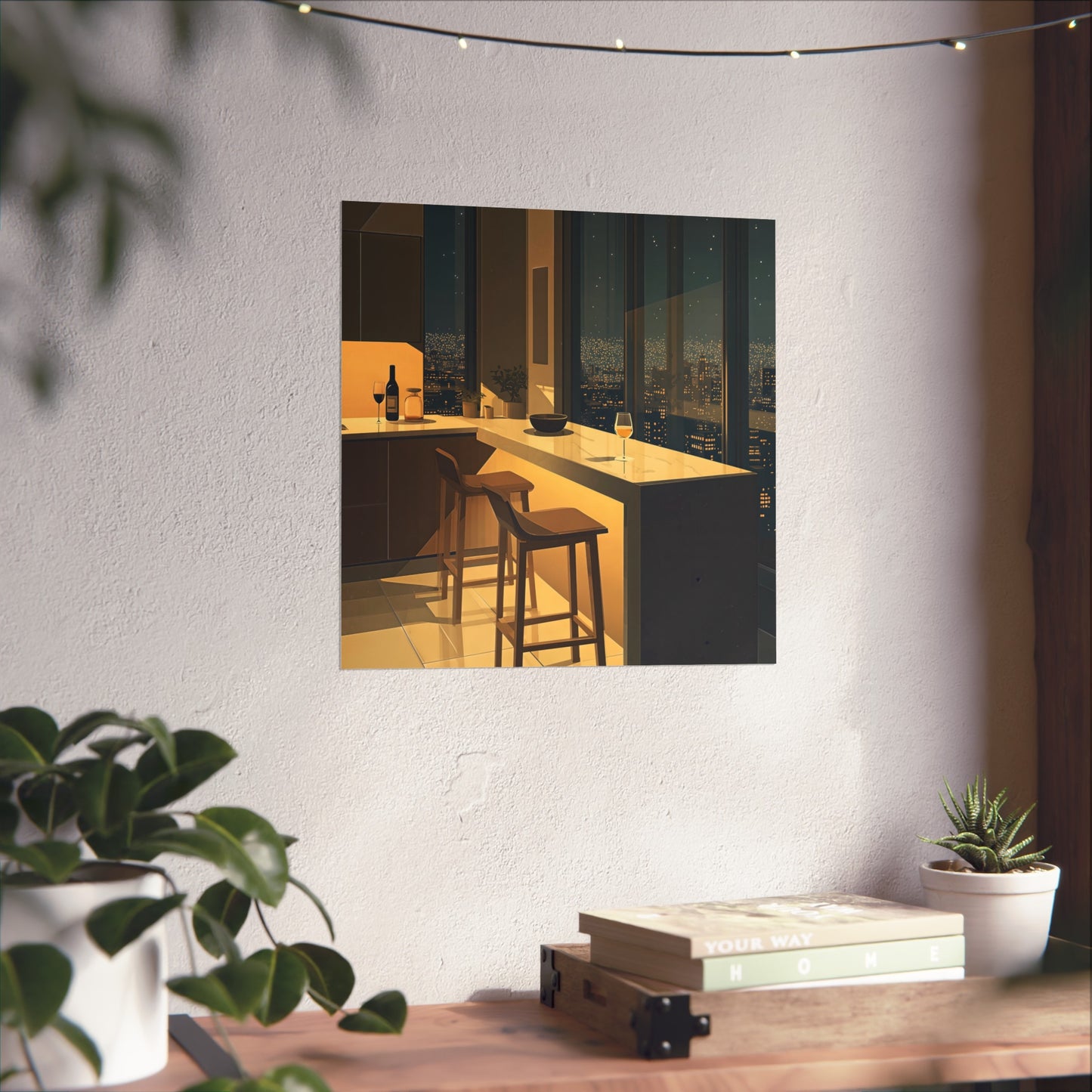 Night City Kitchen Poster, Modern Apartment Bar Wall Art, Cinematic Warm Light Print, Minimalist Skyline Decor, Fine Art