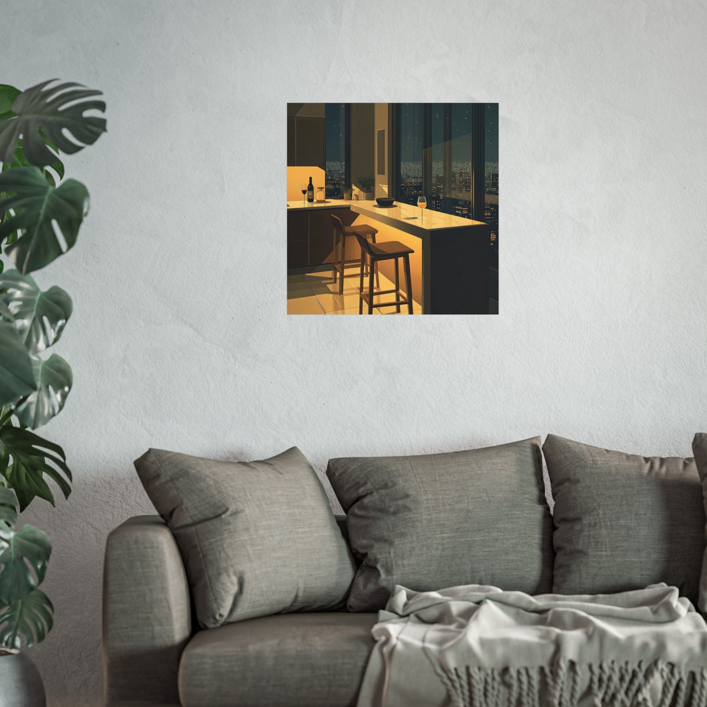 Night City Kitchen Poster, Modern Apartment Bar Wall Art, Cinematic Warm Light Print, Minimalist Skyline Decor, Fine Art