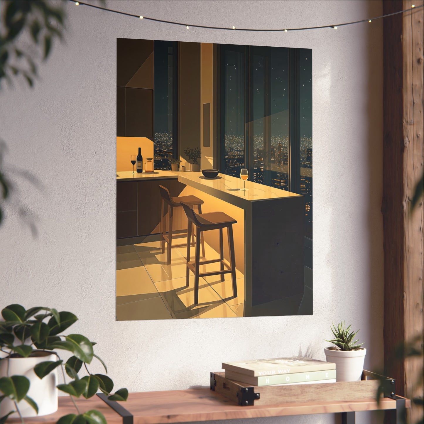 Night City Kitchen Poster, Modern Apartment Bar Wall Art, Cinematic Warm Light Print, Minimalist Skyline Decor, Fine Art